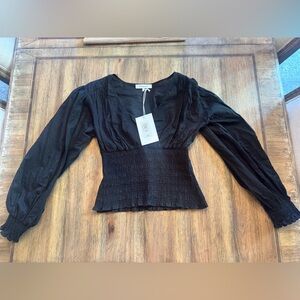 Frame black smocked V neck long blouson puff sleeves blouse top size small